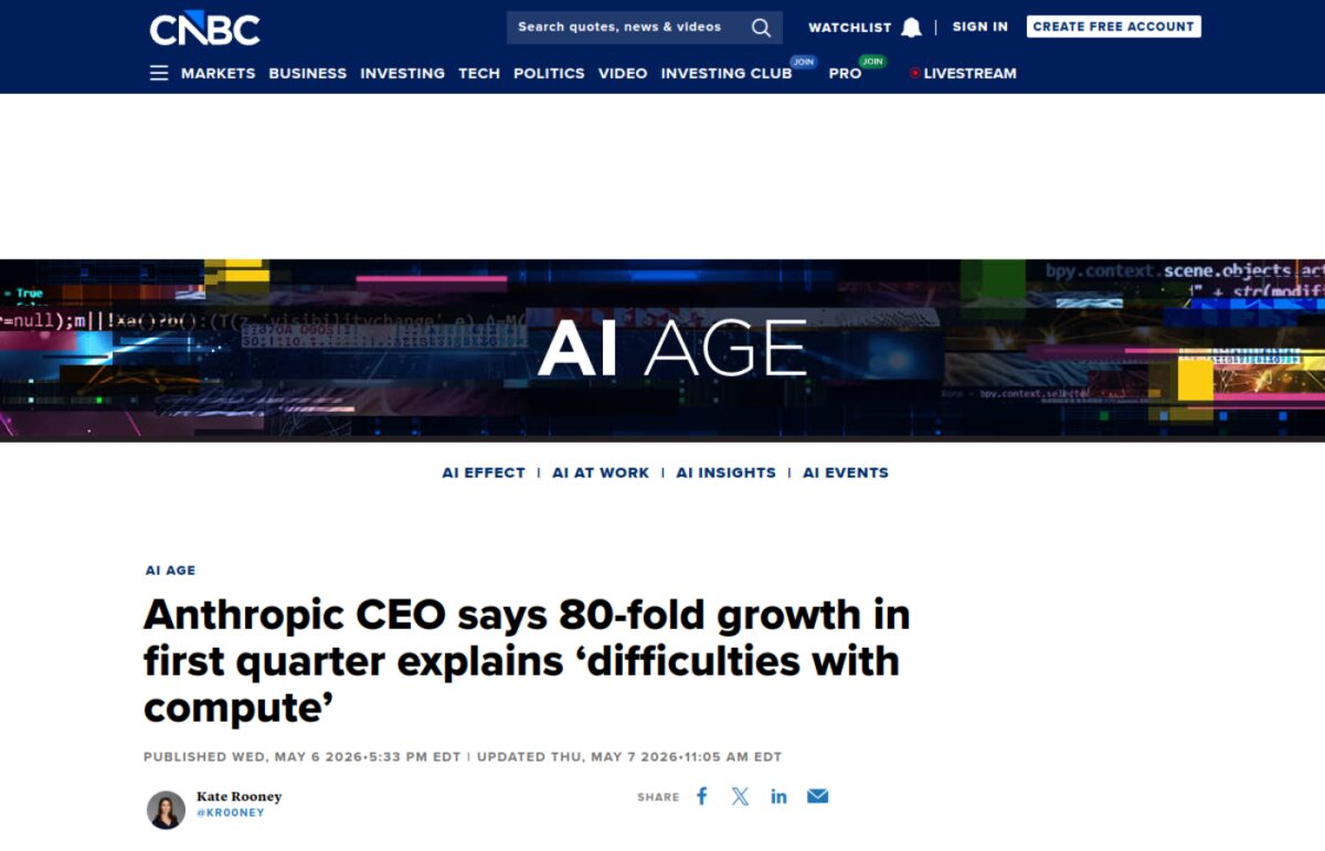 Source: CNBC, Anthropic CEO Dario Amodei on the 80x growth in Q1 2026