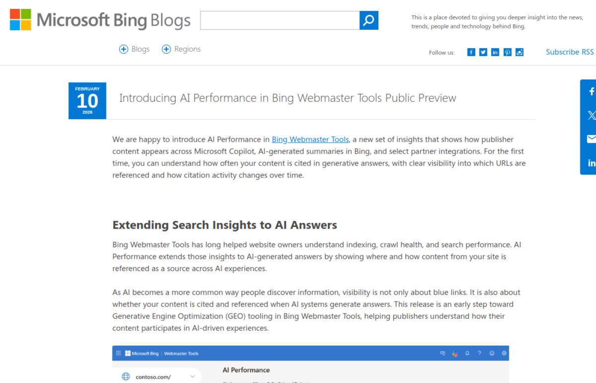 Source: Bing Webmaster, AI Performance dashboard (Feb 9 2026)