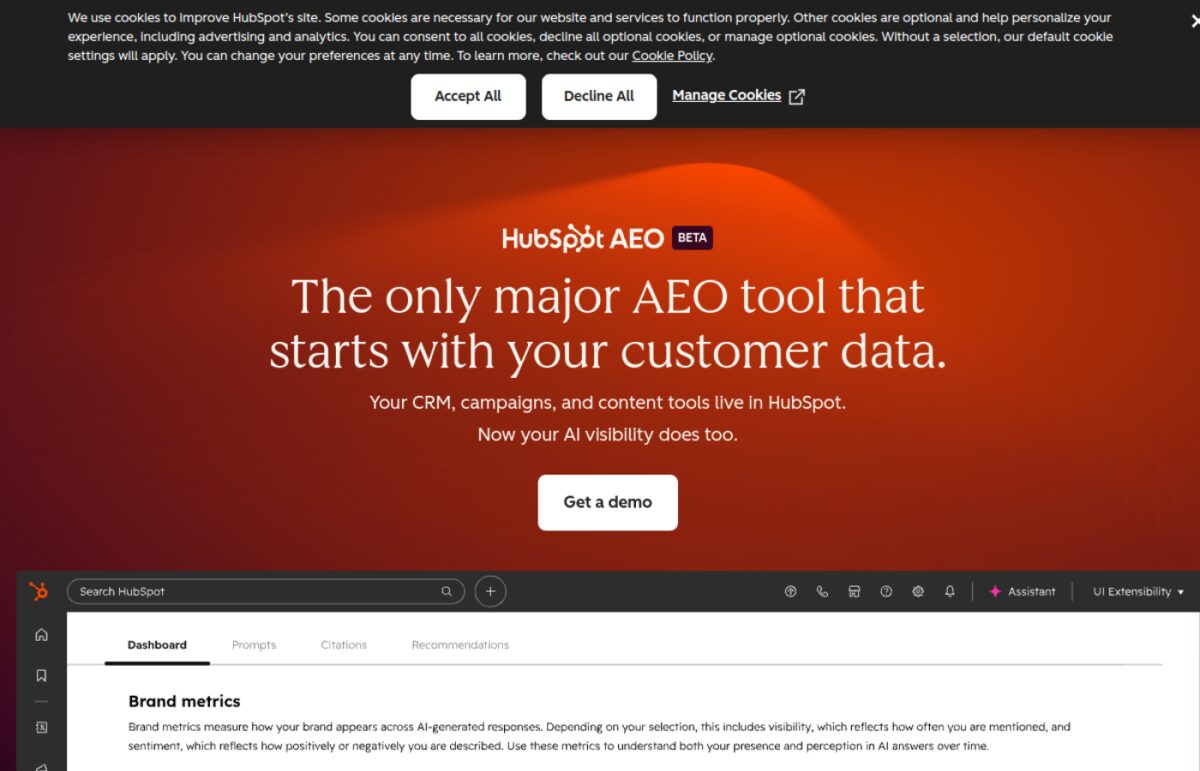 Source: HubSpot, HubSpot AEO product page (April 2026)