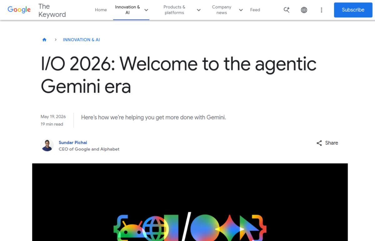 Source: Google blog, Sundar Pichai's Google I/O 2026 keynote, May 19 2026