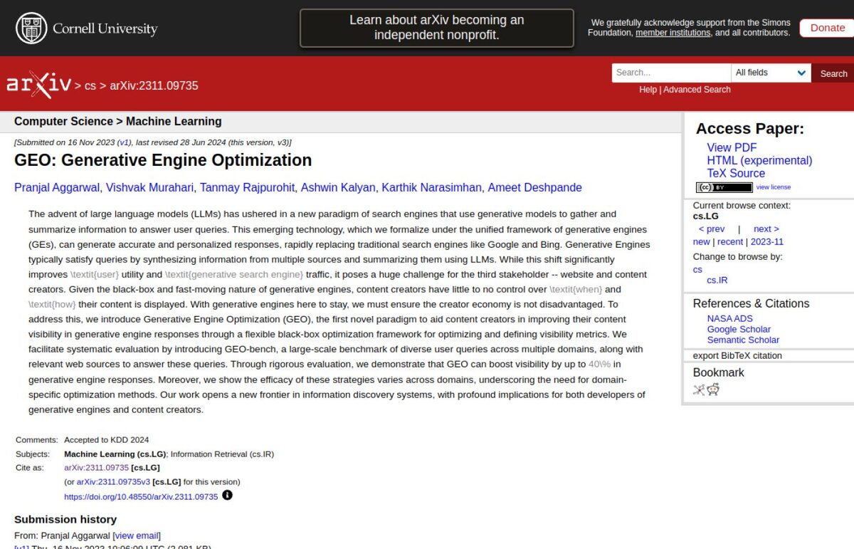 Source: arXiv 2311.09735, GEO: Generative Engine Optimization, Aggarwal et al., KDD 2024