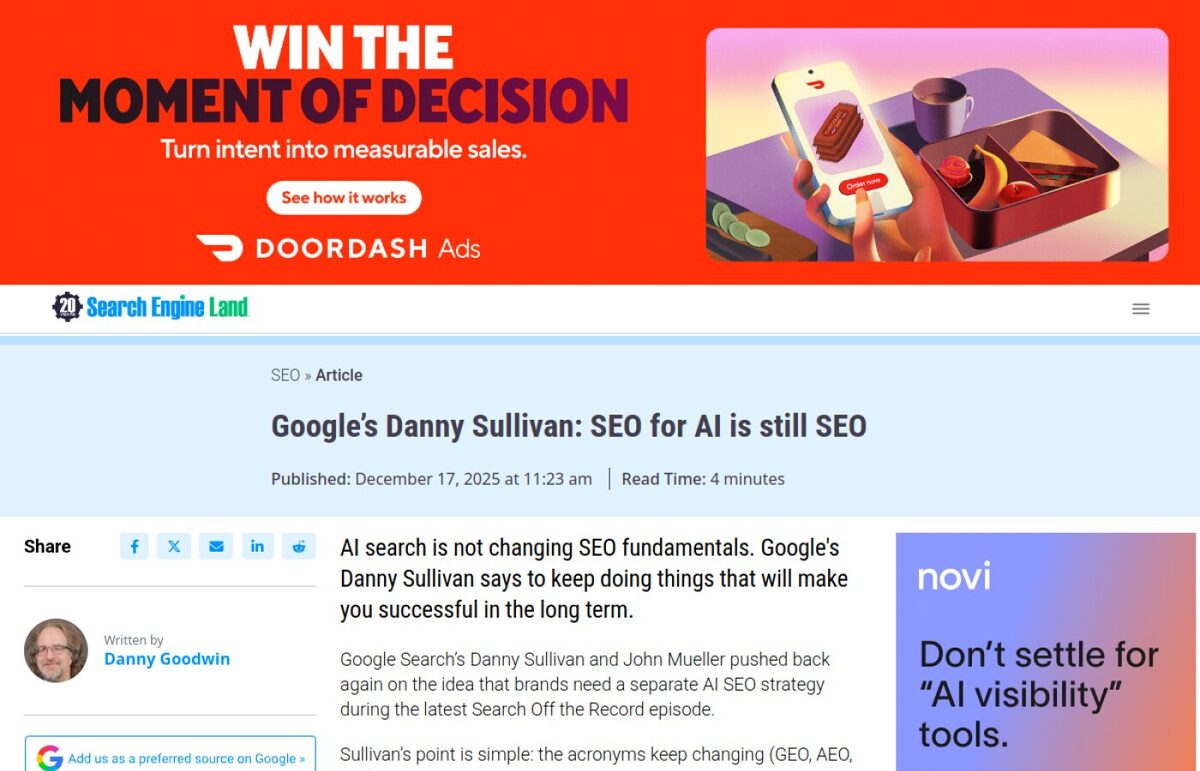 Source: Search Engine Land, Danny Sullivan: SEO for AI is still SEO (Dec 17 2025)