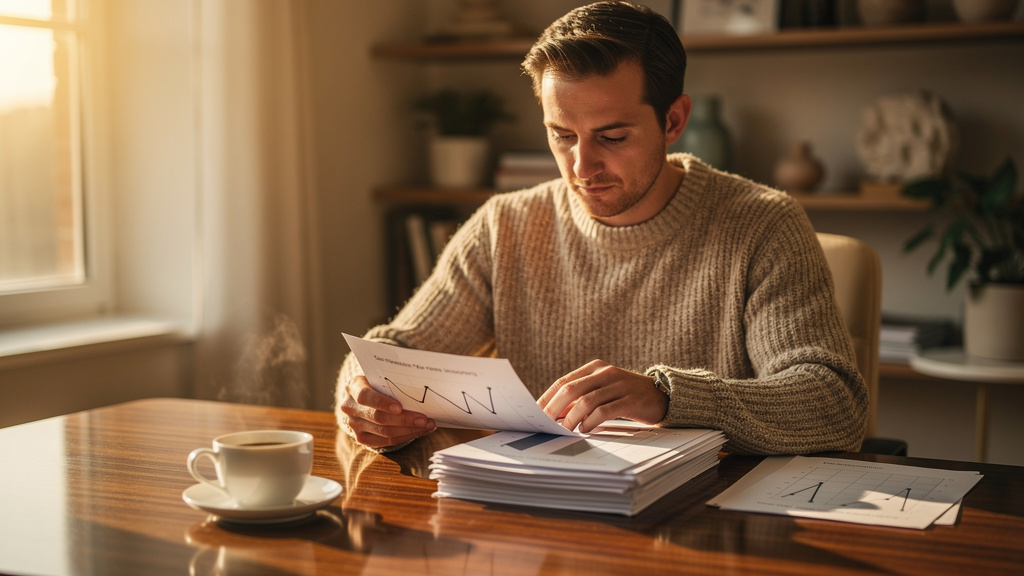A newsletter operator in a warm sweater reviewing printed essay drafts and subscriber growth charts