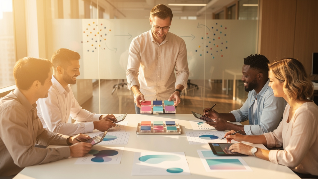 A handoff meeting between two agency teams in a sunlit office, exchanging binders and a project tracker across a wooden table
