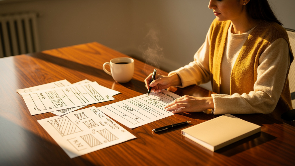 An AEO consultant working through a printed readiness checklist with marked-up website pages spread across a warm sunlit desk
