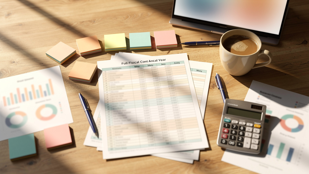 A finance and marketing leader planning an annual budget with printed spreadsheets and a calendar laid out on a desk in warm light