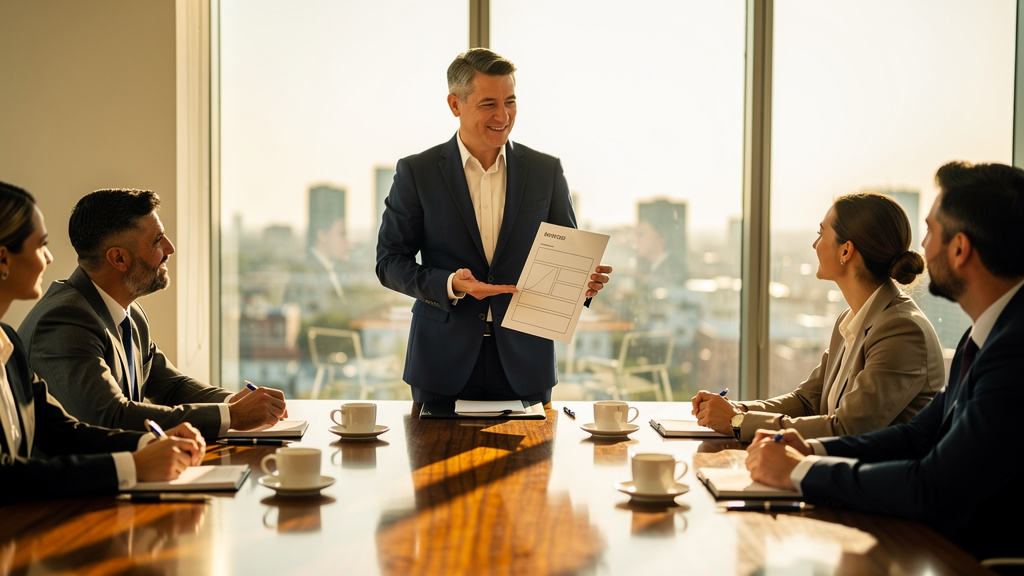 A marketing executive presenting a printed one-page AEO brief to peers seated around a polished boardroom table in warm light