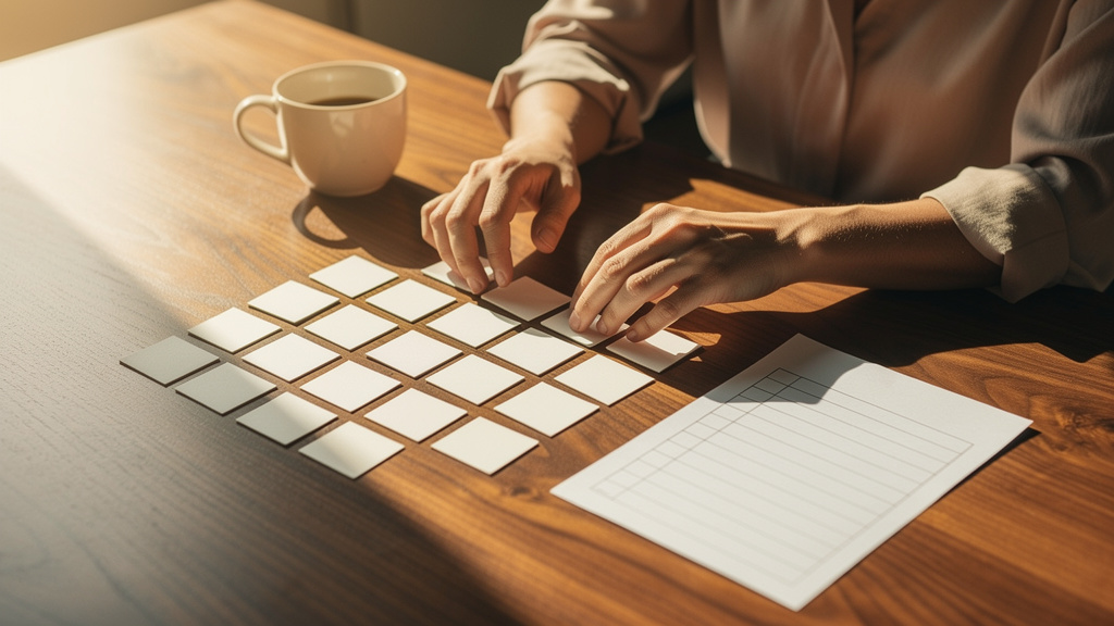 An AEO strategist arranging printed query cards on a sunlit table, sorting them into a 14-day audit grid with a paper checklist