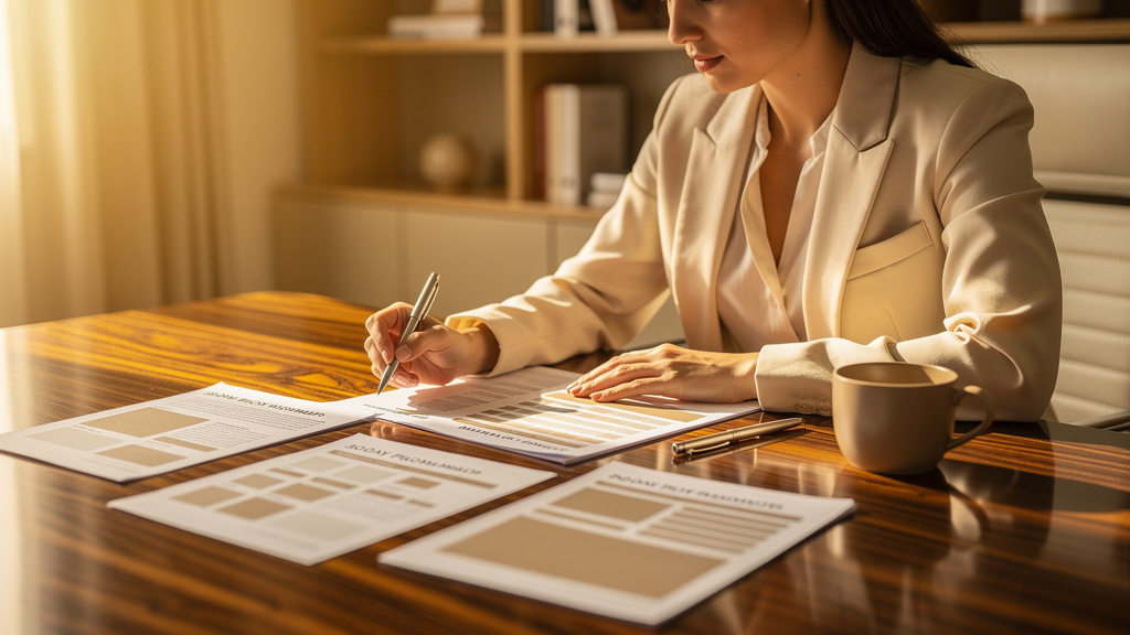 An AEO consultant reviewing printed 30 day pilot roadmaps and milestone trackers