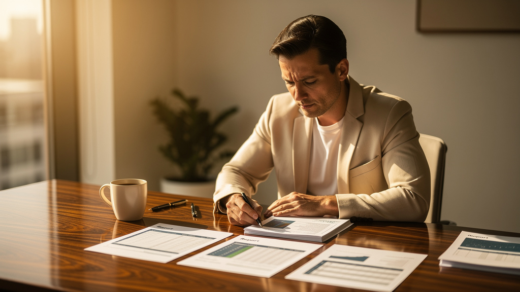 A marketing leader reviewing printed year one citation reports and renewal proposal worksheets