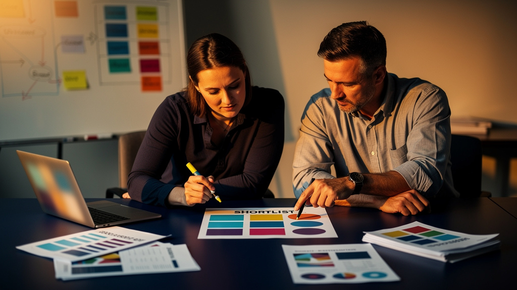 Enterprise procurement specialist reviewing a printed one-page AEO vendor shortlist memo with colleague at a warm office desk