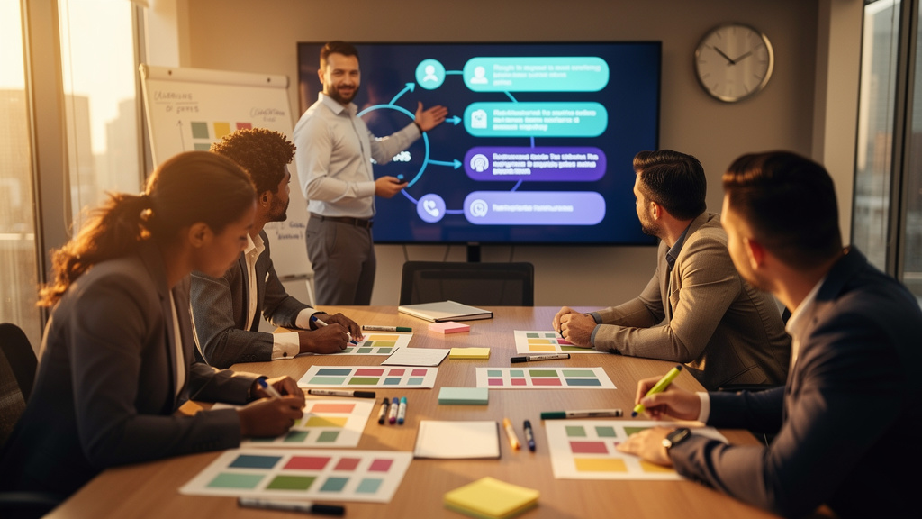 Marketing team of seven gathered around a long conference table running a 90-minute AEO workshop with printed agenda and sticky notes