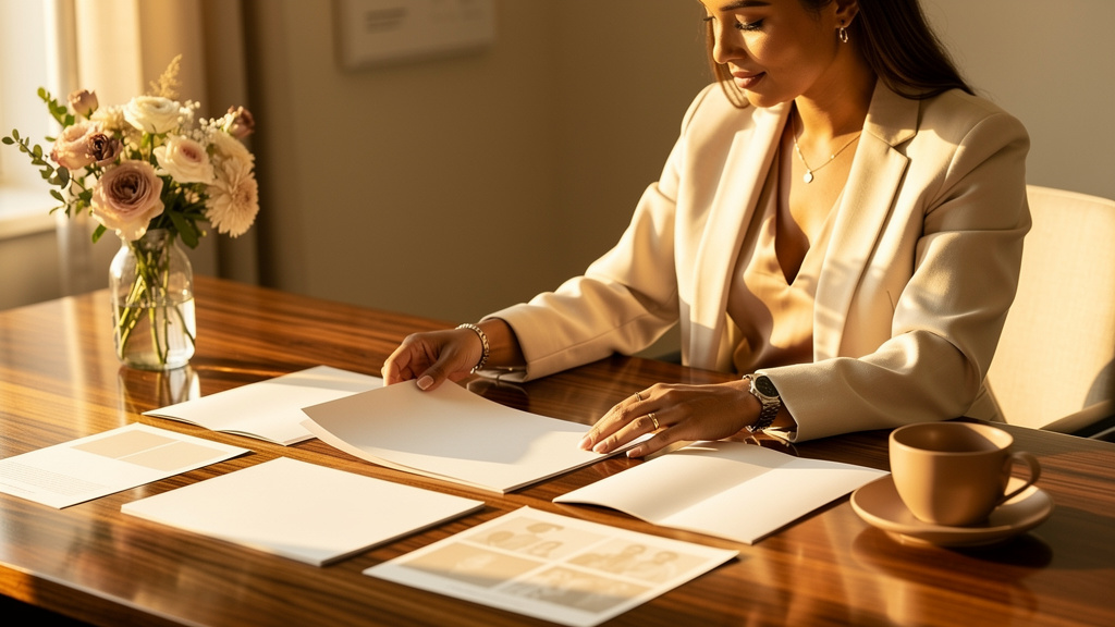 A talent brand lead reviewing printed culture deck pages and team profile drafts