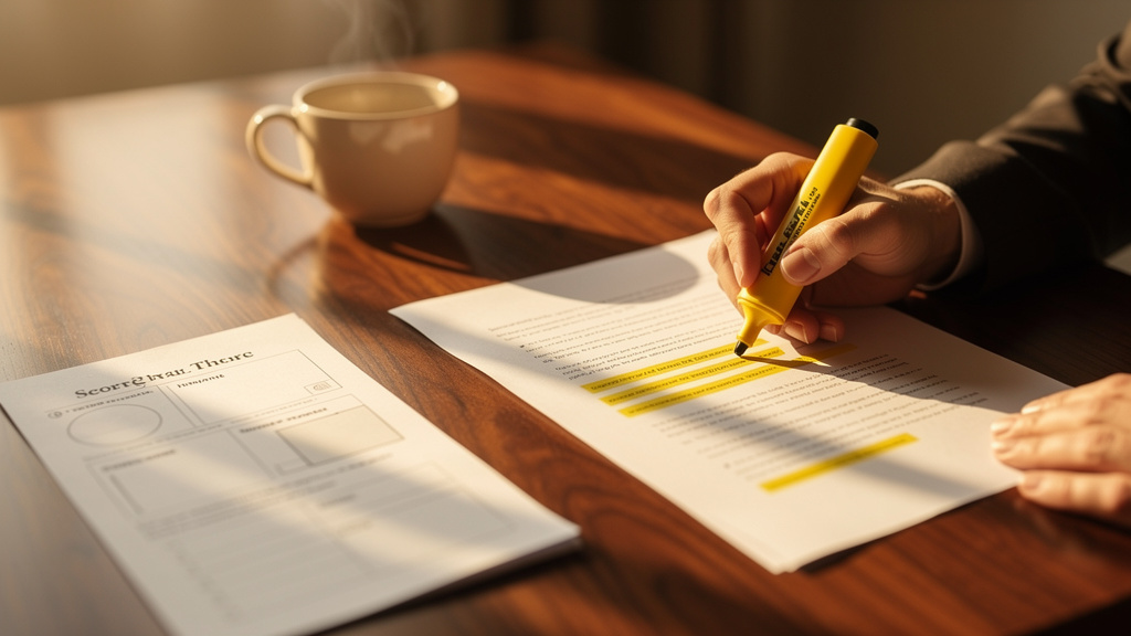 An editor marking citation hotspots on a printed article using a highlighter and a paper scoring rubric beside a warm coffee cup