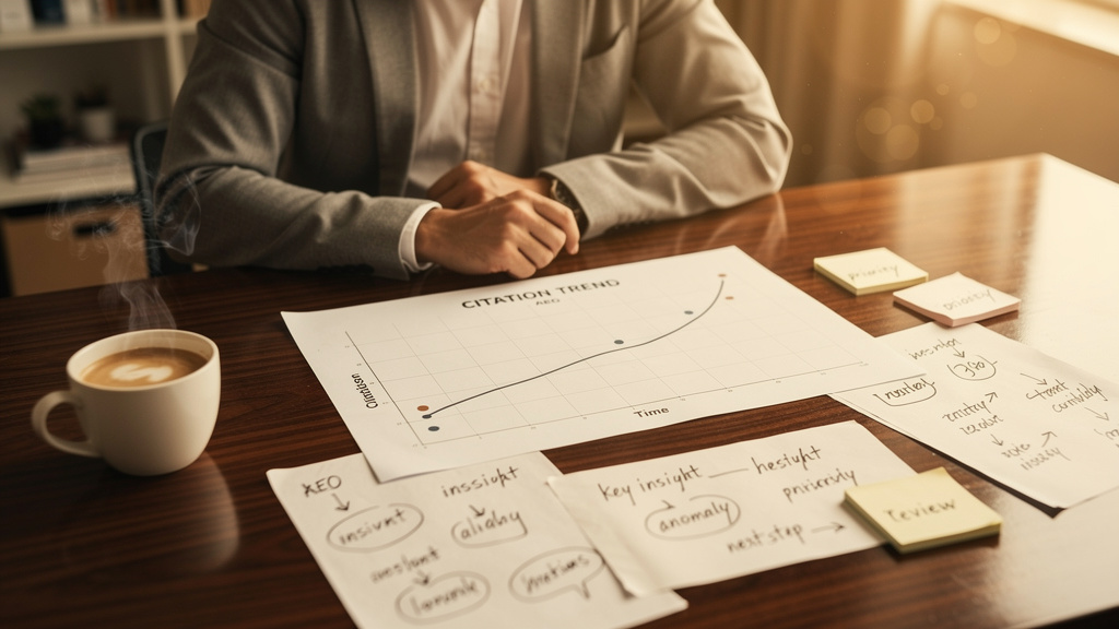 An AEO strategist diagnosing a printed citation trend chart with diagnostic notes spread across a warm sunlit desk