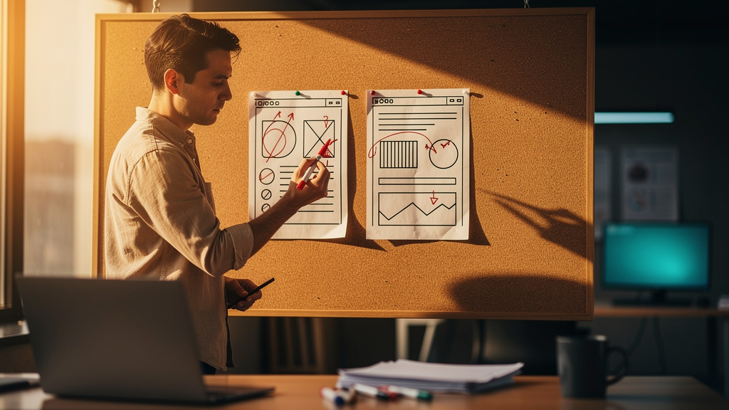 A printed side-by-side comparison grid on paper with two columns of checkmarks laid out on a warm wooden desk