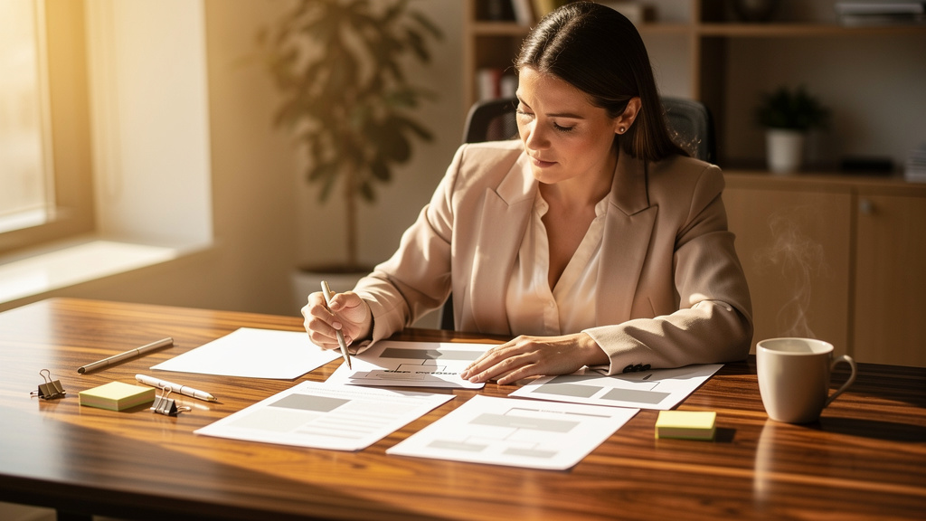 A customer support lead reviewing printed help center article drafts and taxonomy maps