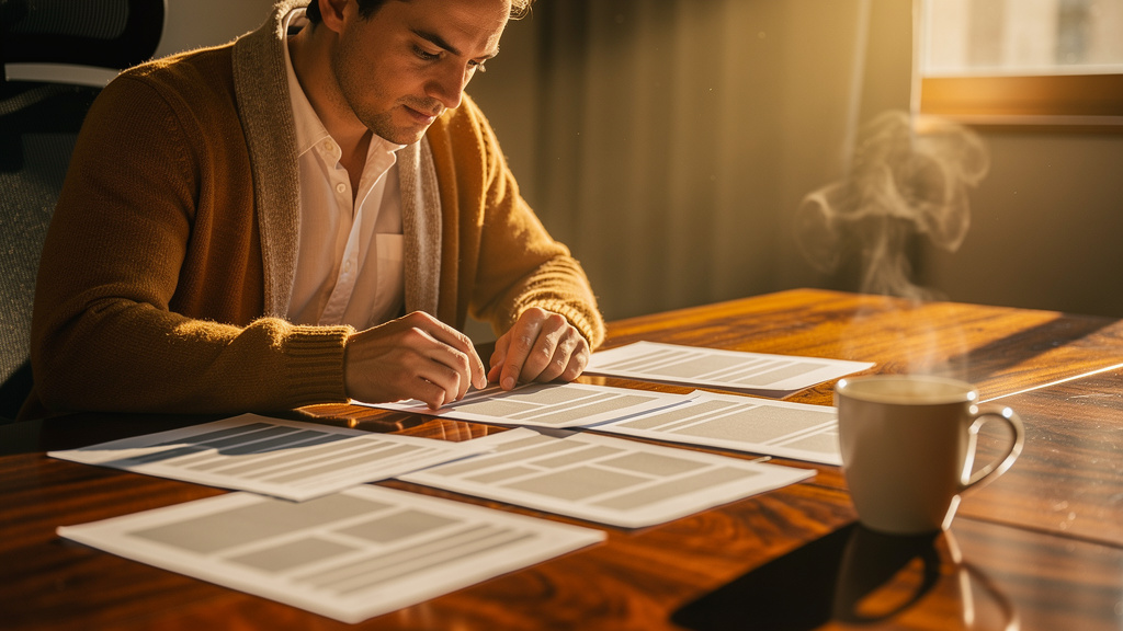 A technical SEO practitioner in a warm soft cardigan reviewing printed crawler directives and content priority lists