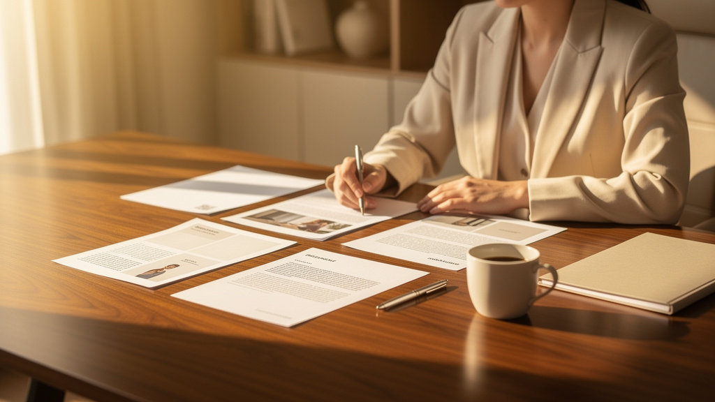 A corporate communications lead reviewing printed press releases and brand asset sheets