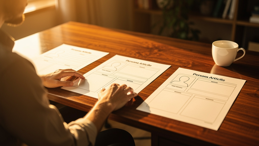 An editor arranging three distinct printed persona pages alongside a master article draft on a warm sunlit desk