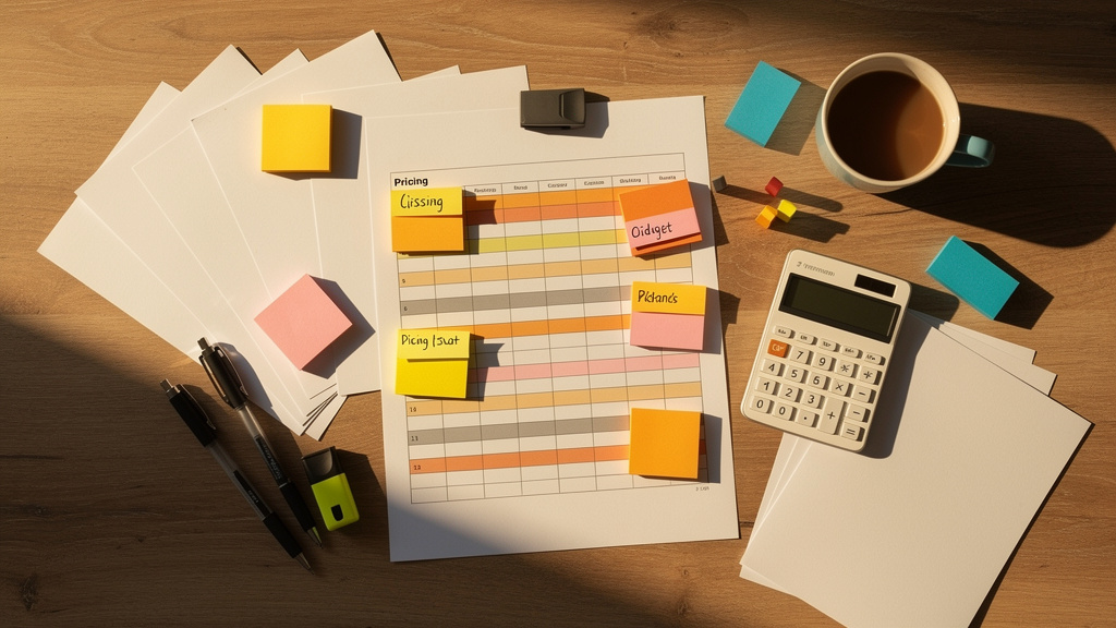 A printed pricing sheet with clearly labeled tiers and dollar figures laid out on a warm wooden desk next to a coffee cup