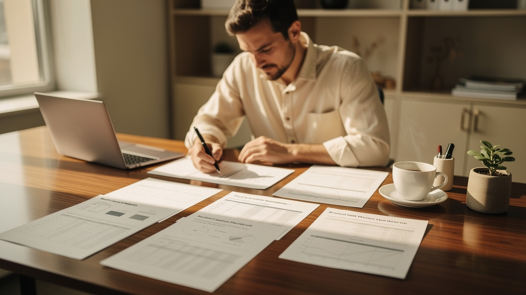 A reliability engineer reviewing printed incident retrospective notes and uptime worksheets