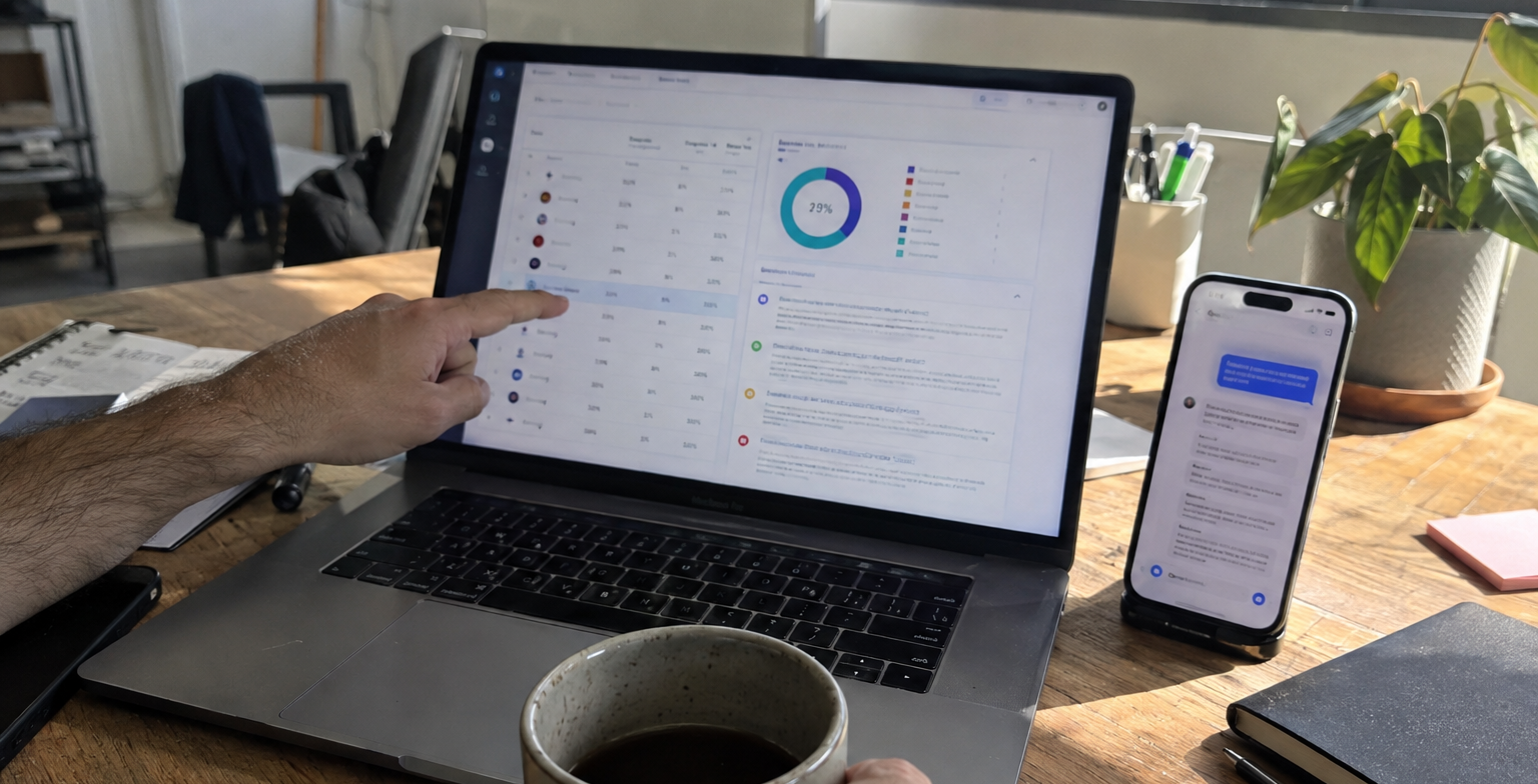 A marketer points at a brand leaderboard in an AEO platform dashboard on a laptop, with an AI assistant answer open on a phone beside it