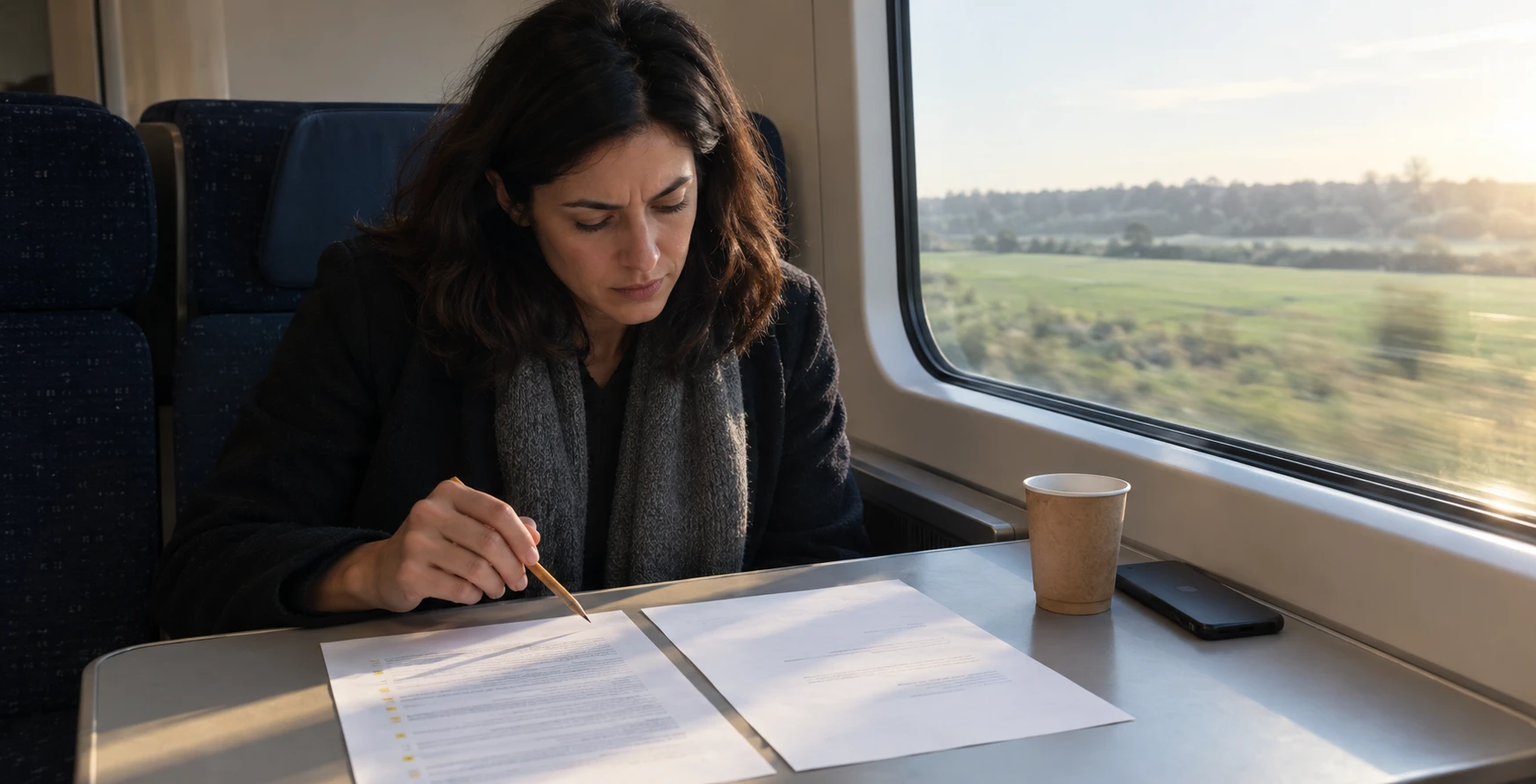 A marketing director on an early-morning commuter train comparing two printed pages side by side, one marked with small notes down the margin and one plain, pencil in hand