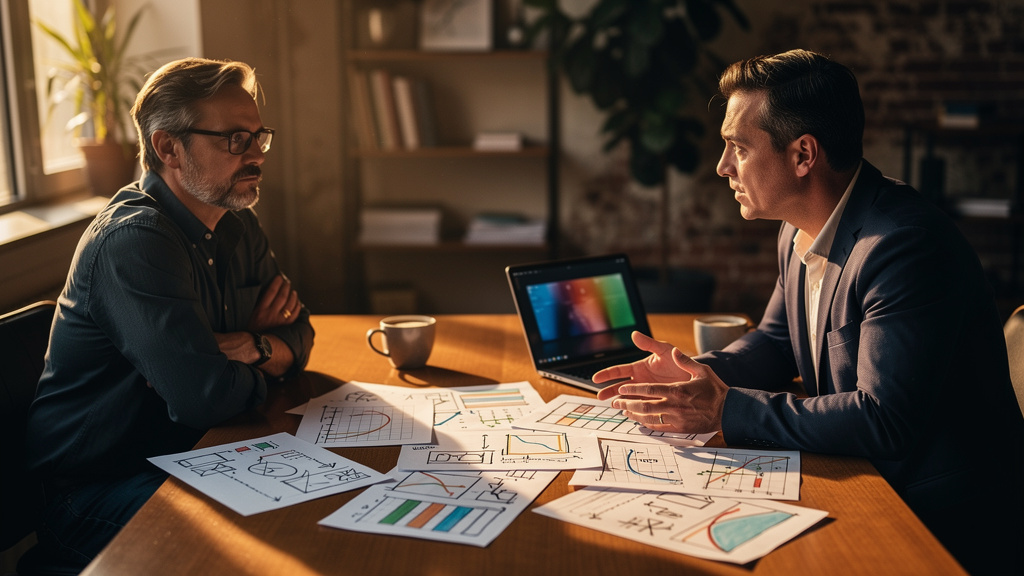 Two marketing leaders reviewing a printed performance report across a wooden conference table in warm afternoon light