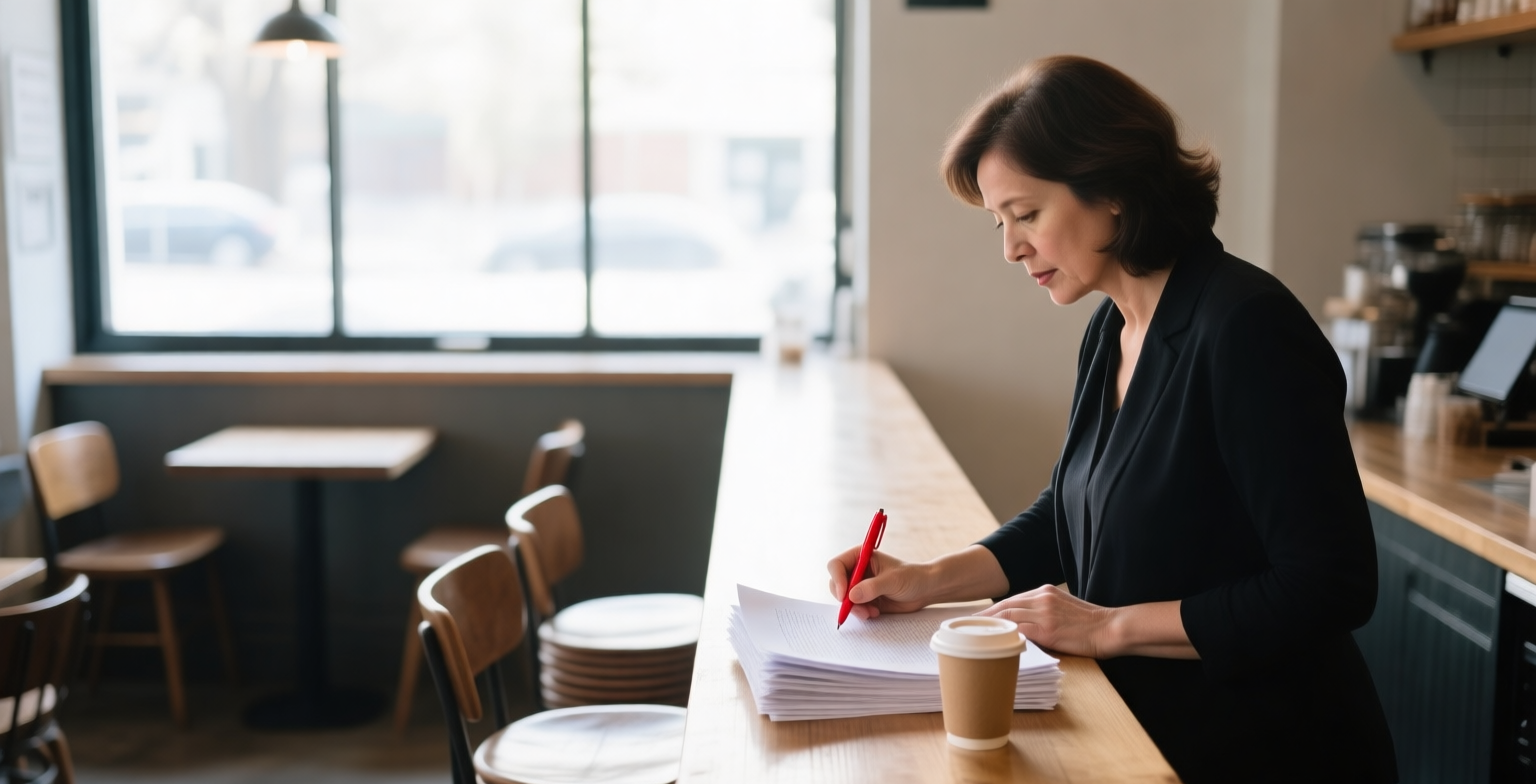 A marketing leader at a wooden counter in an empty cafe in low morning light, marking a stack of printed pages with a red pen beside a paper coffee cup