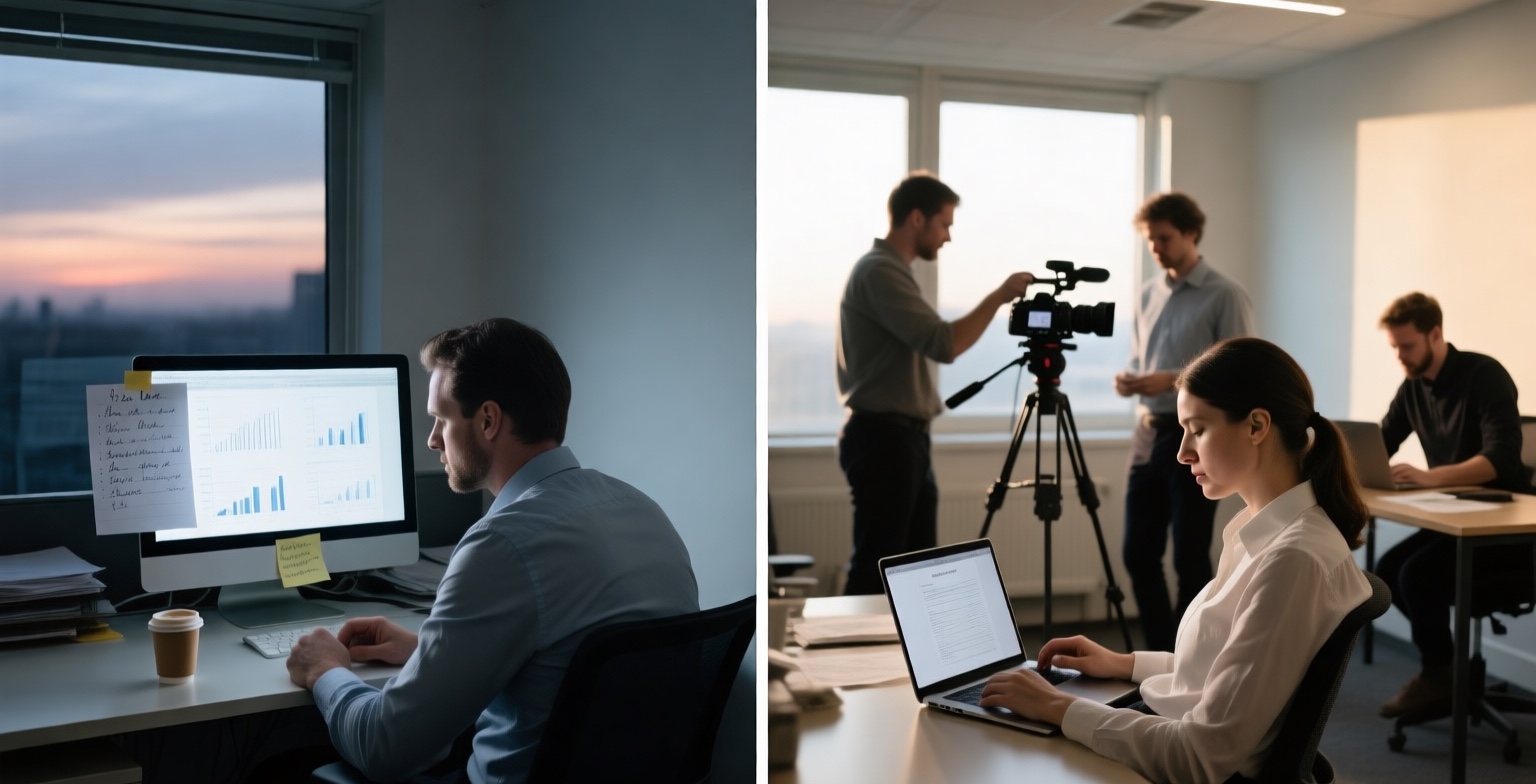 Two halves: on the left, a tired marketer works alone at a computer at dusk; on the right, a woman reviews a draft on her laptop in morning light while colleagues set up a video camera and work at a nearby desk