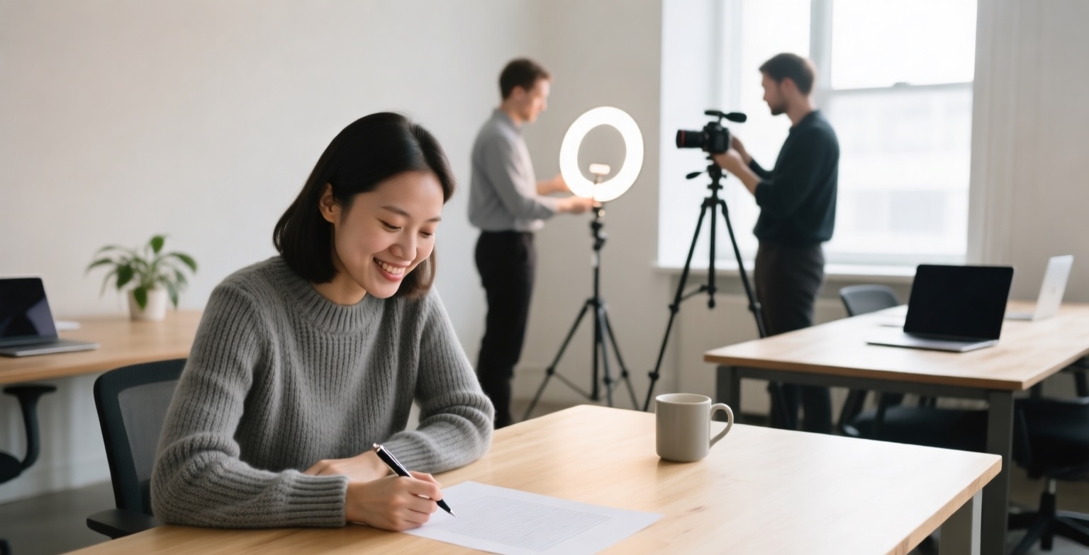 A marketing lead in a grey sweater smiles as she marks up a printed draft at a wooden table while two colleagues set up a ring light and a camera for a video shoot behind her