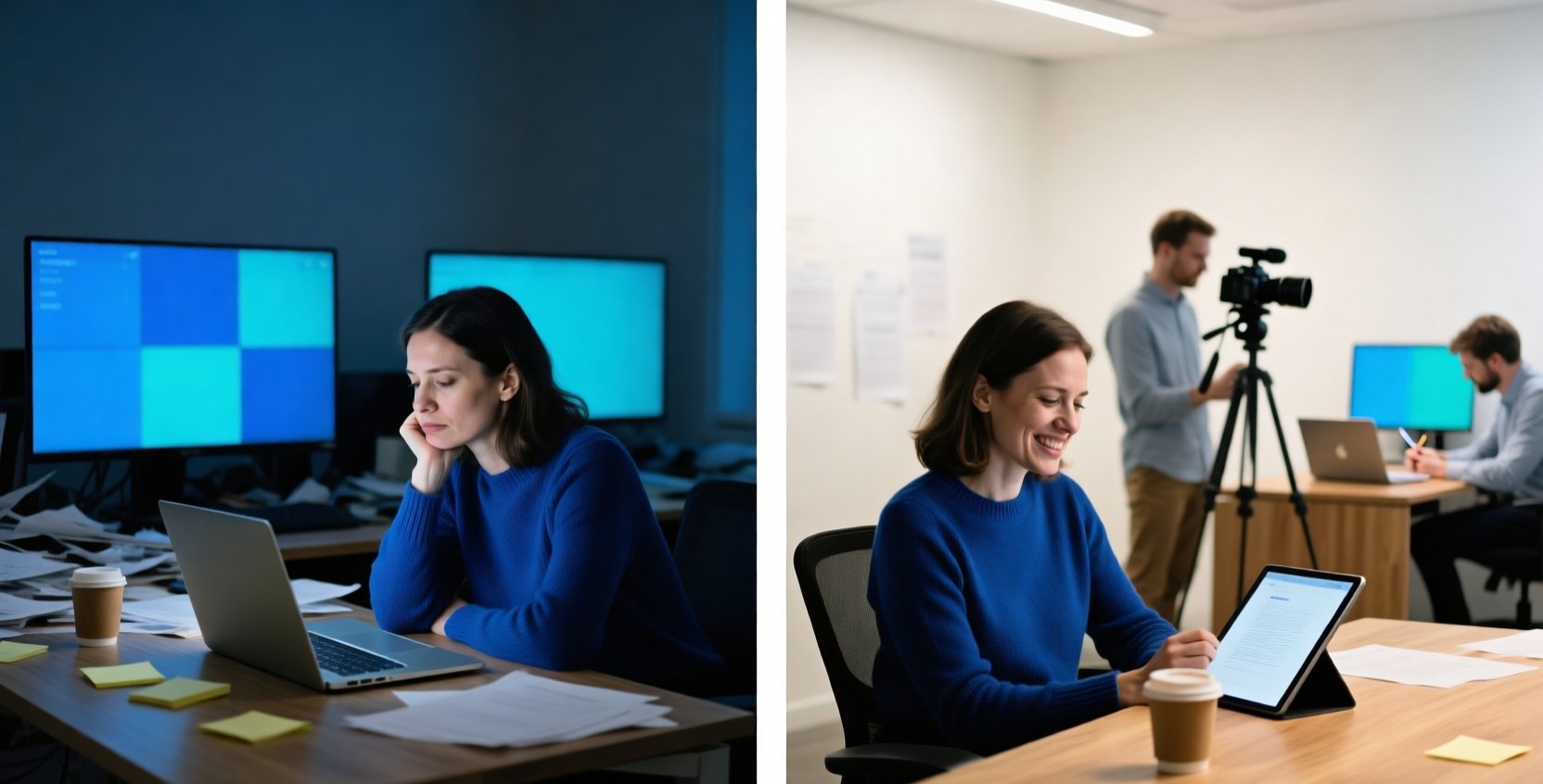 Two halves: on the left, a marketing lead sits tired at a cluttered desk in front of dashboards; on the right, the same marketer smiles as she approves work on a tablet while a team films video and writes behind her