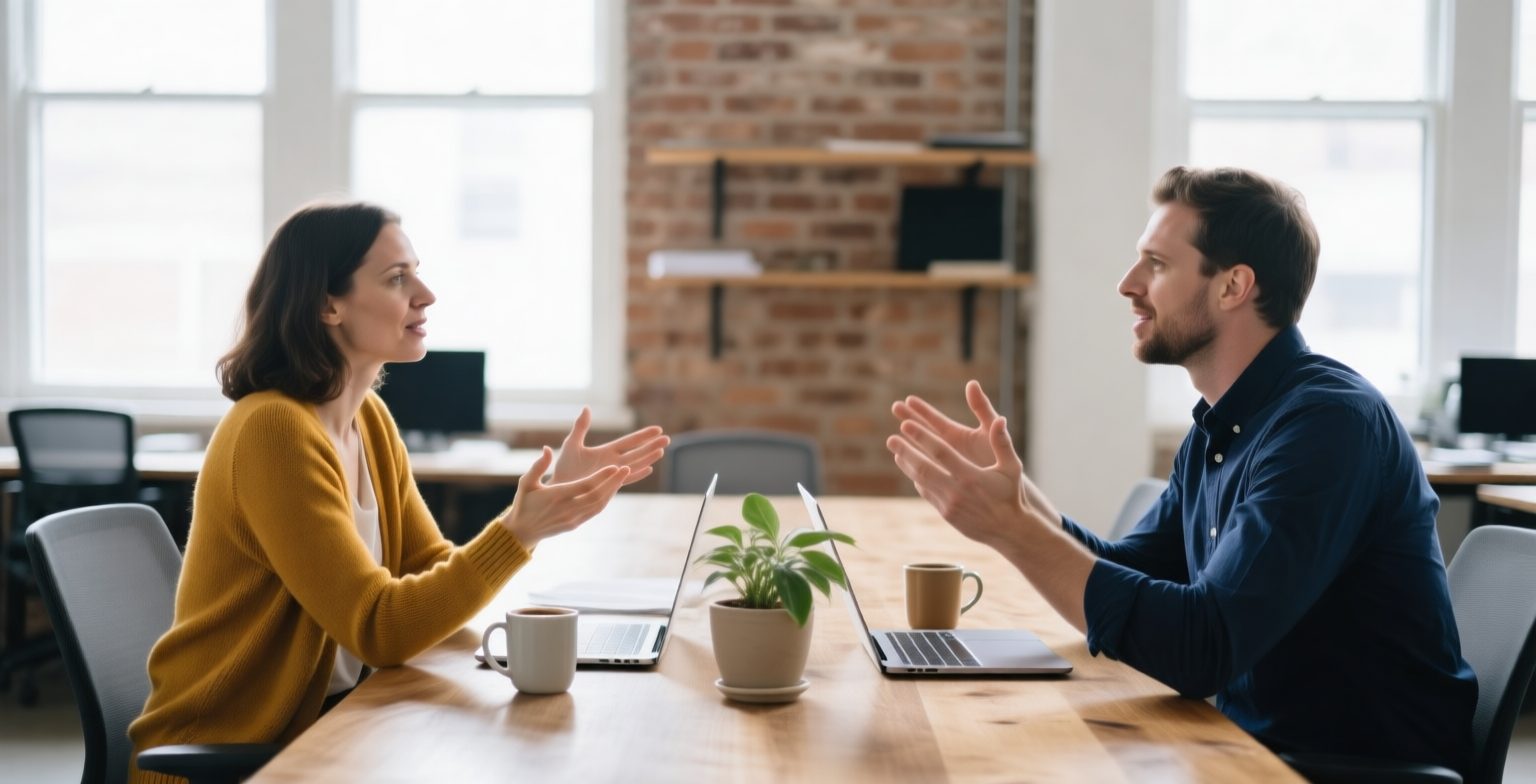 A woman in a mustard cardigan and a man in a navy shirt talk across a long wooden table in a bright brick-walled office, with coffee mugs and a small plant between them
